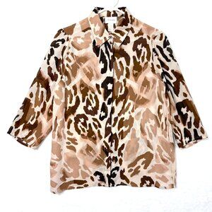 Chicos Watercolor Leopard Animal Print Sheer Blouse Top Womens 0 US S 4 Tan Brow